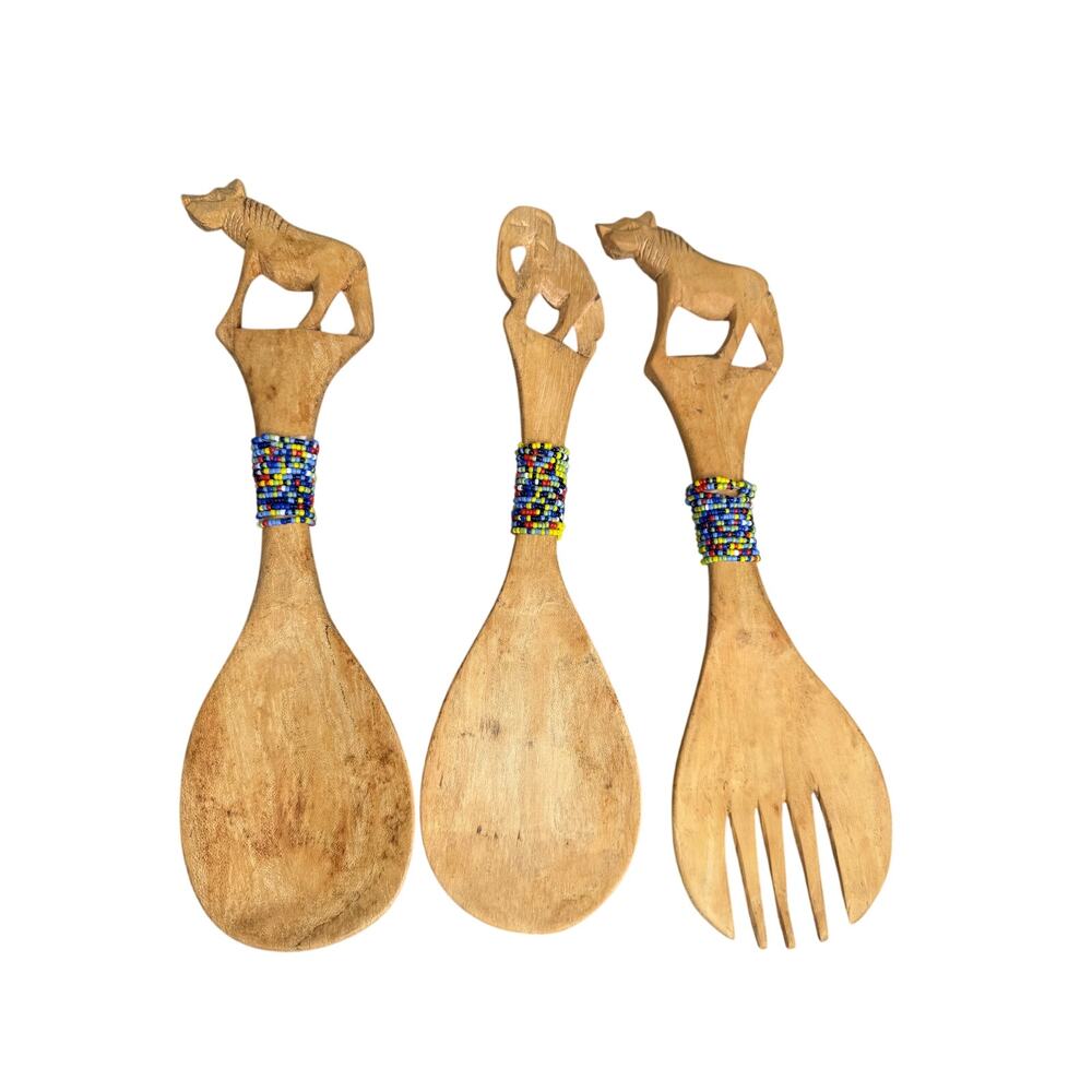 African Kenyan Hand Carved Wood Animal Salad Servers Beaded 3 Piece Set